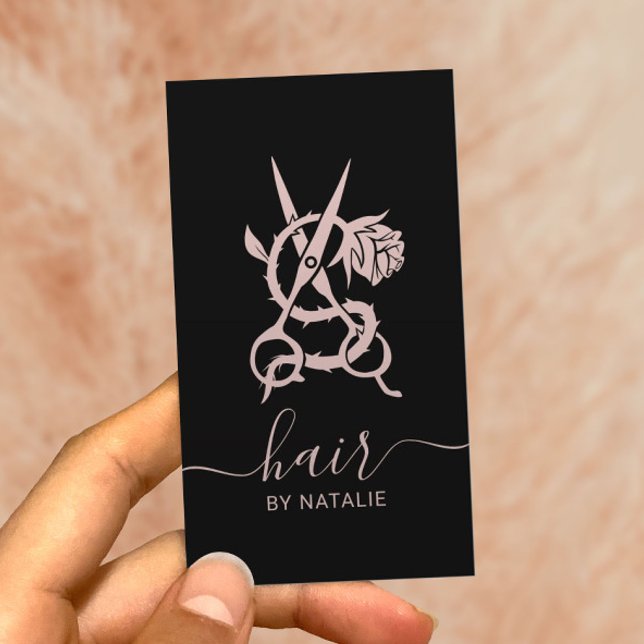 Hair Stylist Scissor Rose Logo Elegant Black Pink Business Card (Creator Uploaded)