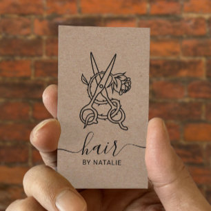 Hair Stylist Scissor Rose Logo Rustic Kraft Salon Business Card