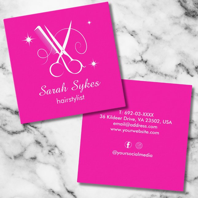 Hair Stylist Scissors Barber Hot Pink Custom Square Business Card (Creator Uploaded)