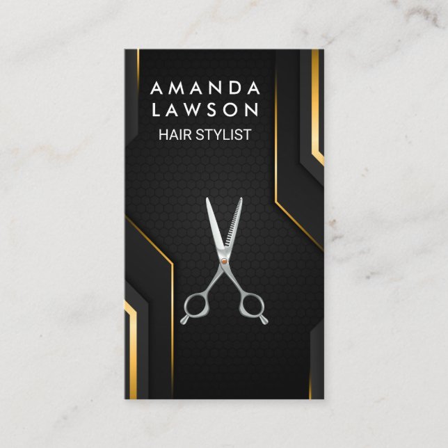 Hair Stylist Scissors | Black Gold Background  Business Card (Front)