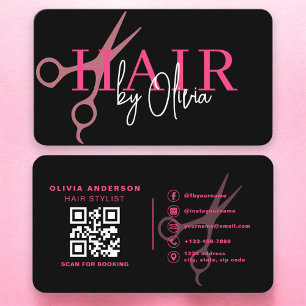 Hair Stylist Scissors Black Pink QR Code Business Card