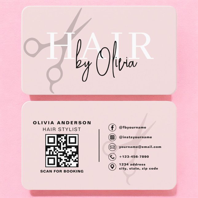 Hair Stylist Scissors Blush Pink QR Code  Business Card (Creator Uploaded)