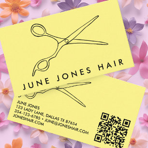 Hair Stylist Scissors Chic Barber QR Code Yellow Business Card