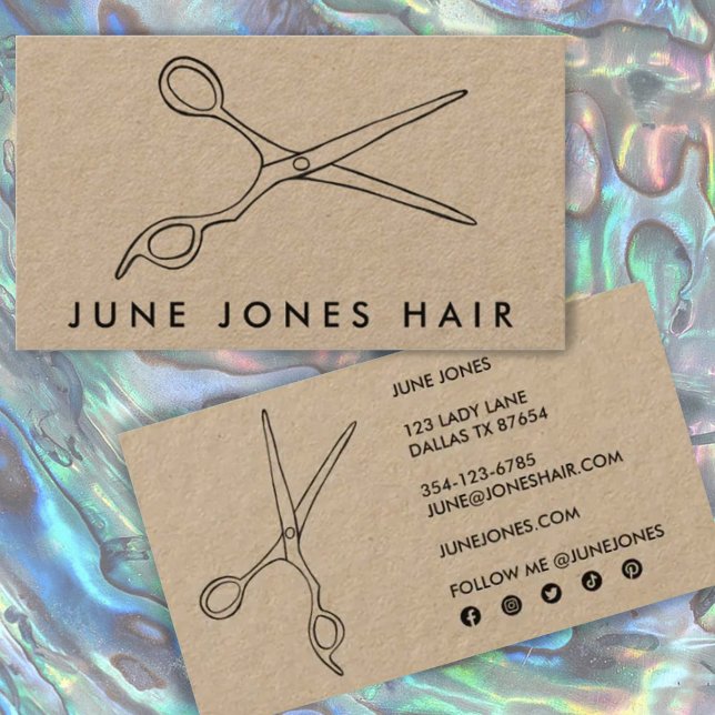 Hair Stylist Scissors Chic Drawing Barber KRAFT Business Card (Creator Uploaded)