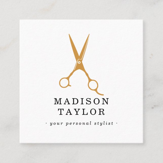 Hair Stylist Scissors Chic Drawing Gold & White Square Business Card (Front)