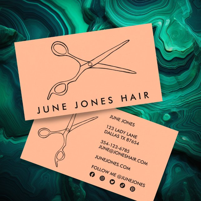 Hair Stylist Scissors Chic Line Art Peach Fuzz  Business Card (Custom hair stylist business cards with scissors line art on peach fuzz pink background)