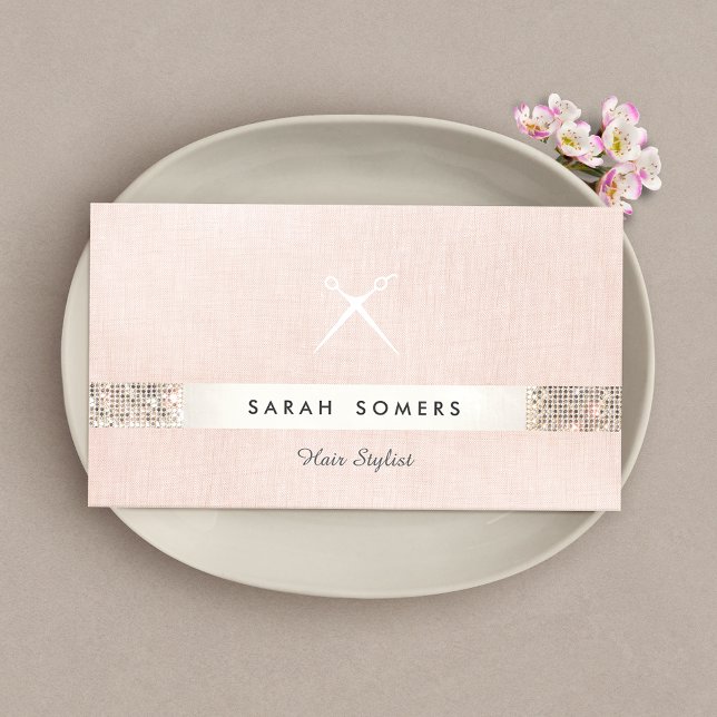 Hair Stylist Scissors Logo FAUX  Sequin Pink Salon Business Card (Creator Uploaded)