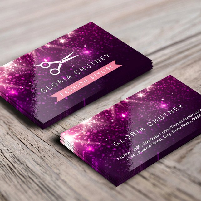 Hair Stylist Scissors - Pink Purple Glitter Business Card (Creator Uploaded)