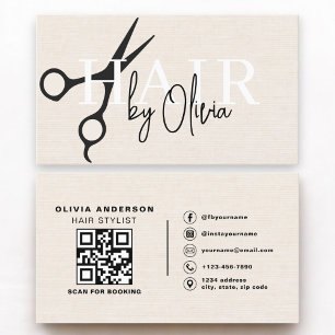 Hair Stylist Scissors QR Code Linen Business Card