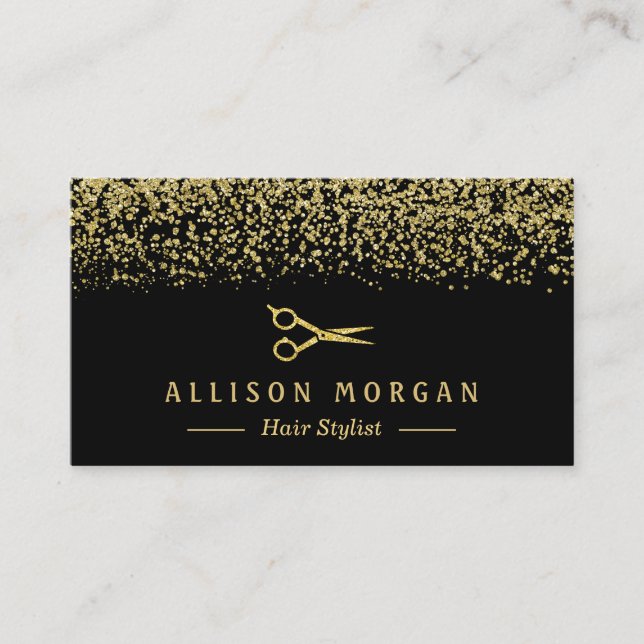 Hair Stylist Scissors Salon Gold Glitter Confetti Business Card (Front)
