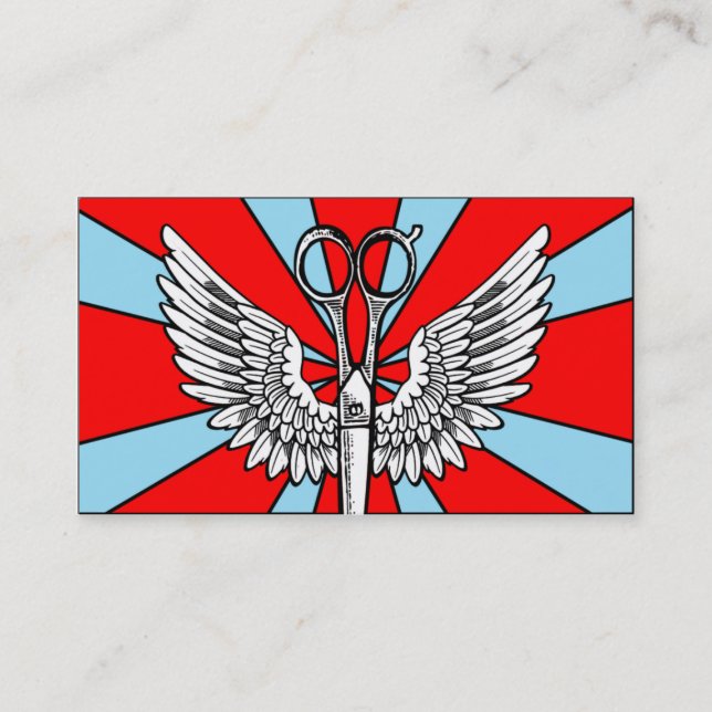 hair stylist scissors wings tattoo retro cosmo business card (Front)
