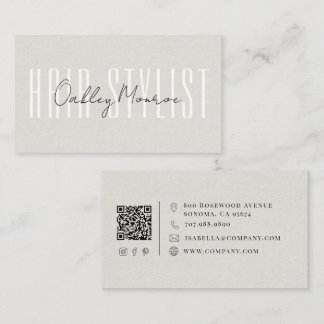 Hair Stylist Script Name Grey Faux Linen QR Code Business Card