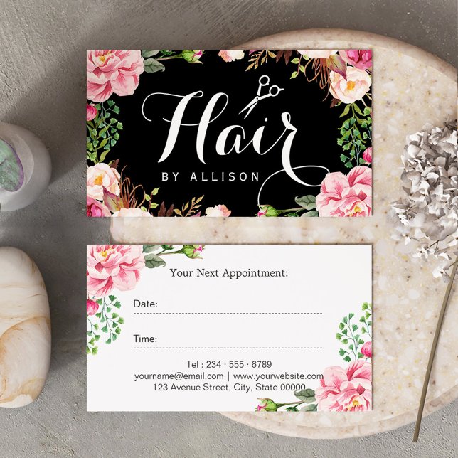 Hair Stylist Script Pink Floral Appointment Card (Creator Uploaded)
