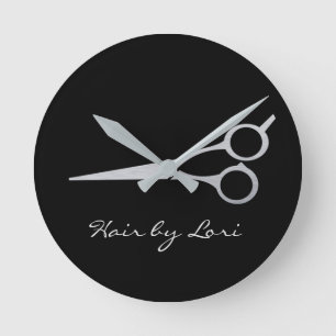 Hair Stylist Silver Black Scissors Personalised Round Clock