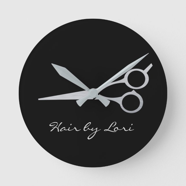 Hair Stylist Silver Black Scissors Personalised Round Clock (Front)