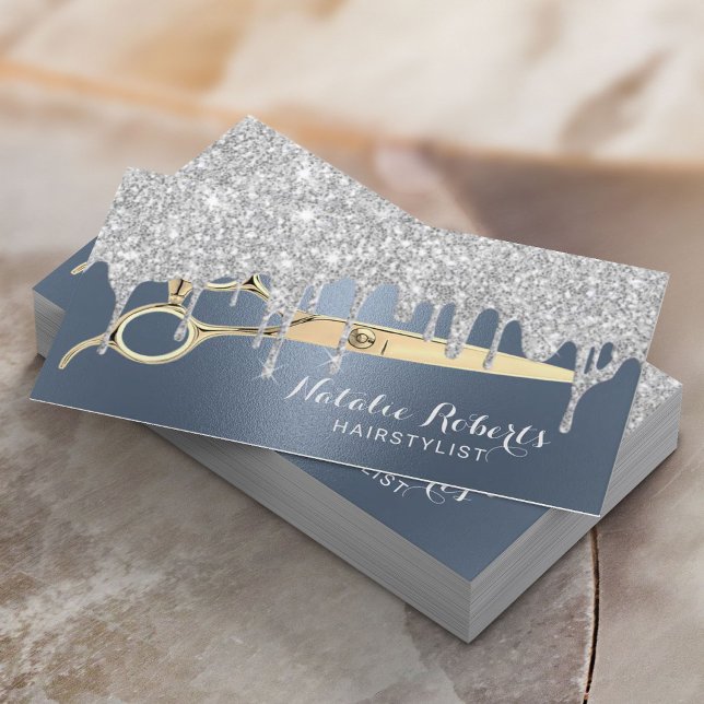 Hair Stylist Silver Drips Dusty Blue Beauty Salon Business Card (Creator Uploaded)