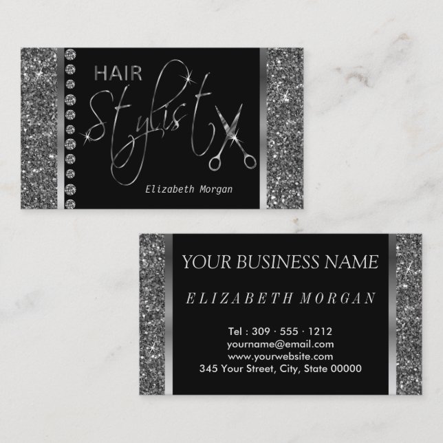 Hair Stylist - Silver Glitter and  Diamonds Business Card (Front/Back)