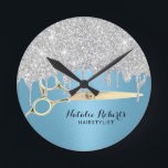 Hair Stylist Silver Glitter Drips Blue Salon Round Clock<br><div class="desc">Hair Stylist Silver Glitter Drips Modern Blue Salon Clocks.</div>