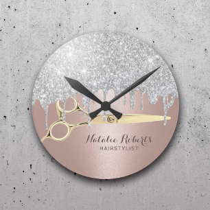 Hair Stylist Silver Glitter Drips Rose Gold Salon Round Clock
