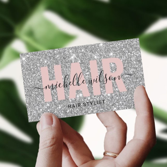 Hair Stylist Silver Glitter Pink Typography Salon Business Card (Creator Uploaded)