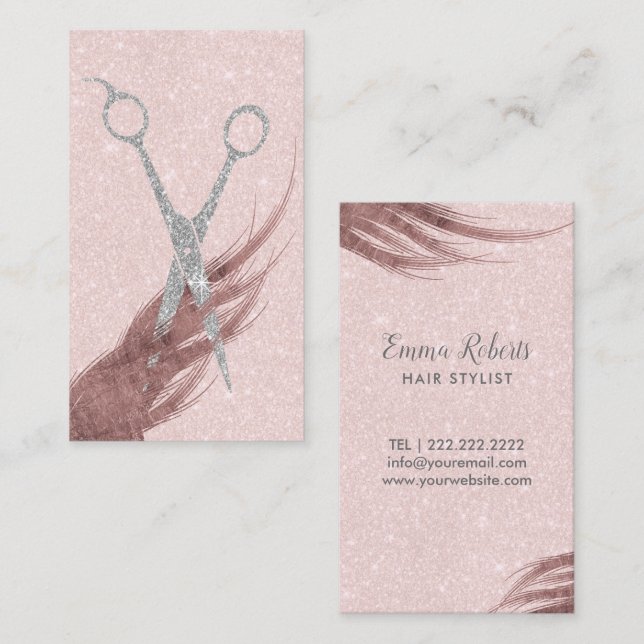 Hair Stylist Silver Glitter Scissor Blush Pink Business Card (Front/Back)
