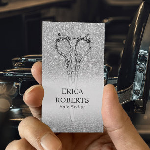 Hair Stylist Silver Glitter Scissor & Rose Business Card