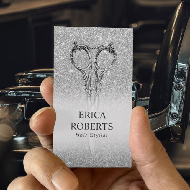 Hair Stylist Silver Glitter Scissor & Rose Business Card (Creator Uploaded)