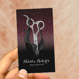 Hair Stylist Silver Scissor Burgundy & Black Ombre Business Card