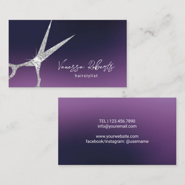 Hair Stylist Silver Scissor Deep Purple Salon Business Card (Front/Back)