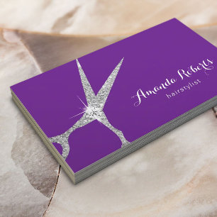 Hair Stylist Silver Scissor Modern Purple Salon Business Card