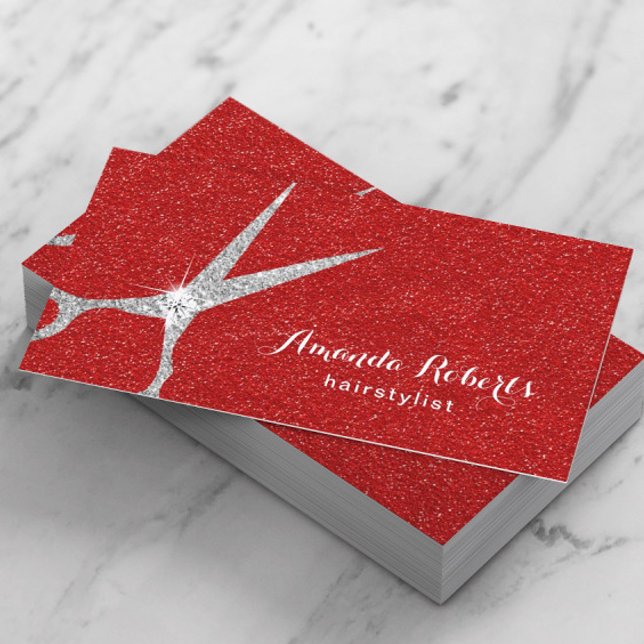Hair Stylist Silver Scissor Modern Red Salon Business Card (Creator Uploaded)
