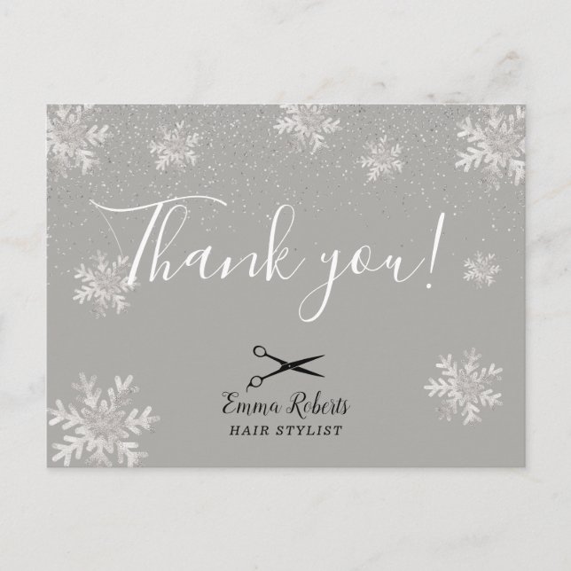 Hair Stylist Silver Snowflakes Holiday Thank You Postcard (Front)