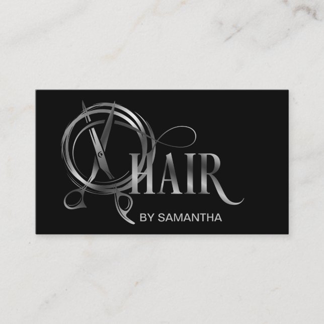 Hair stylist silver typography hair scissors bu business card (Front)