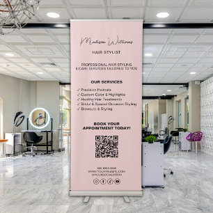 Hair Stylist Simple Pink Services QR Social Media Retractable Banner
