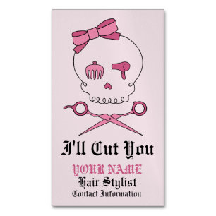 Hair Stylist Skull & Scissor Crossbones - Pink 6 Magnetic Business Card