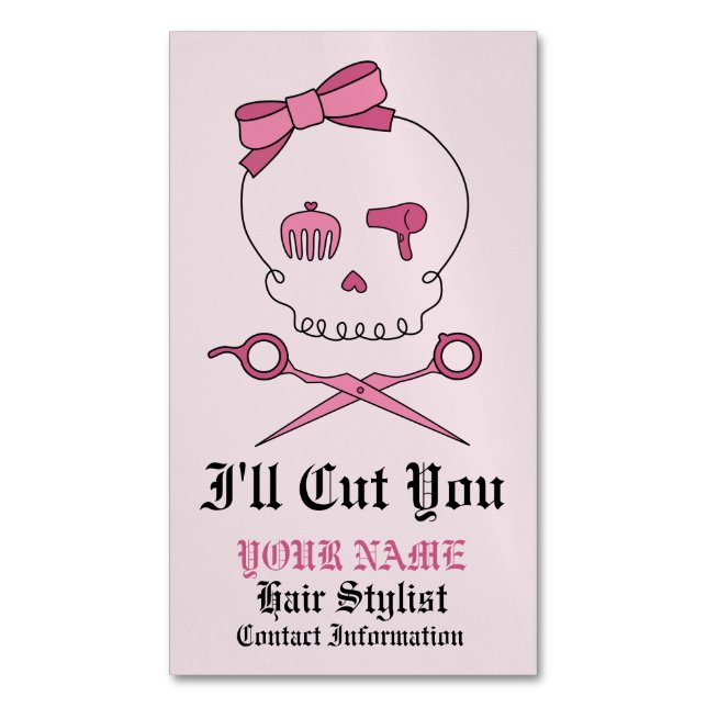 Hair Stylist Skull & Scissor Crossbones - Pink 6 Magnetic Business Card (Front Vertical)
