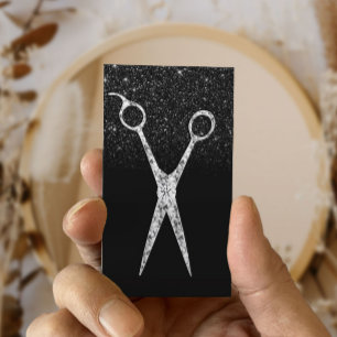 Hair Stylist Sparkling Scissor Black Glitter Salon Business Card