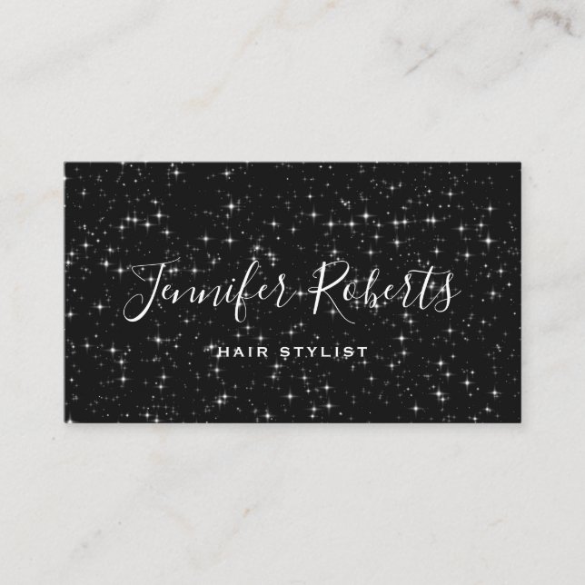 Hair Stylist Sparkly Stars Black Modern Elegant Business Card (Front)