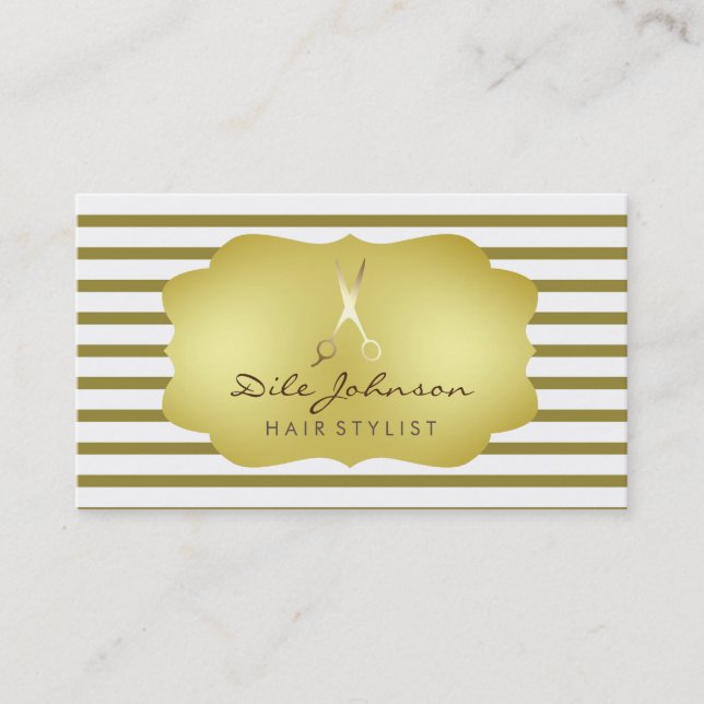 Hair Stylist Striped Gold Faux Saloon Professional Business Card (Front)