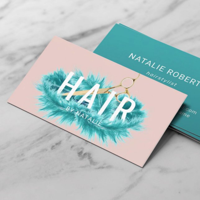 Hair Stylist Teal Feather Gold Scissor Blush Salon Business Card (Creator Uploaded)
