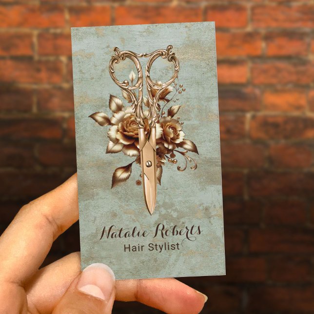 Hair Stylist Teal Gold Scissor Flower Salon SPA Business Card (Creator Uploaded)