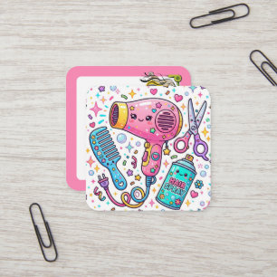 Hair Stylist Tools in Cute Kawaii Art Style Square Business Card