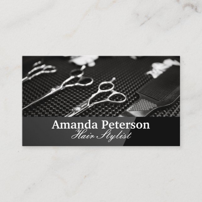 Hair Stylist Tools on Desktop Business Card (Front)