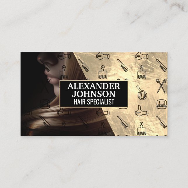 Hair Stylist Tools Pattern | Woman Flowing Hair Business Card (Front)