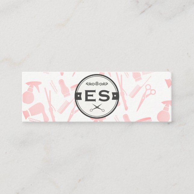 Hair Stylist Tools with Monogram Mini Business Card (Front)