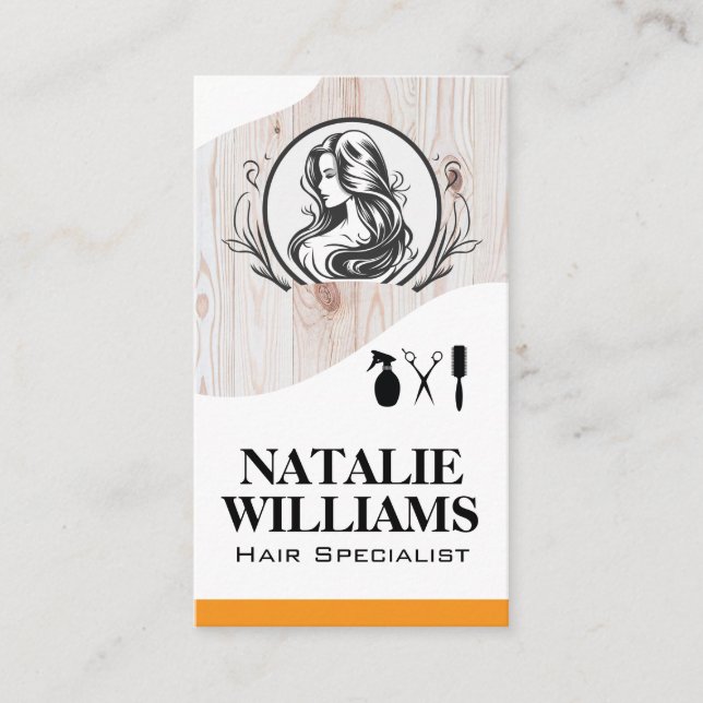 Hair Stylist Tools | Wood | Womens Beauty Business Card (Front)