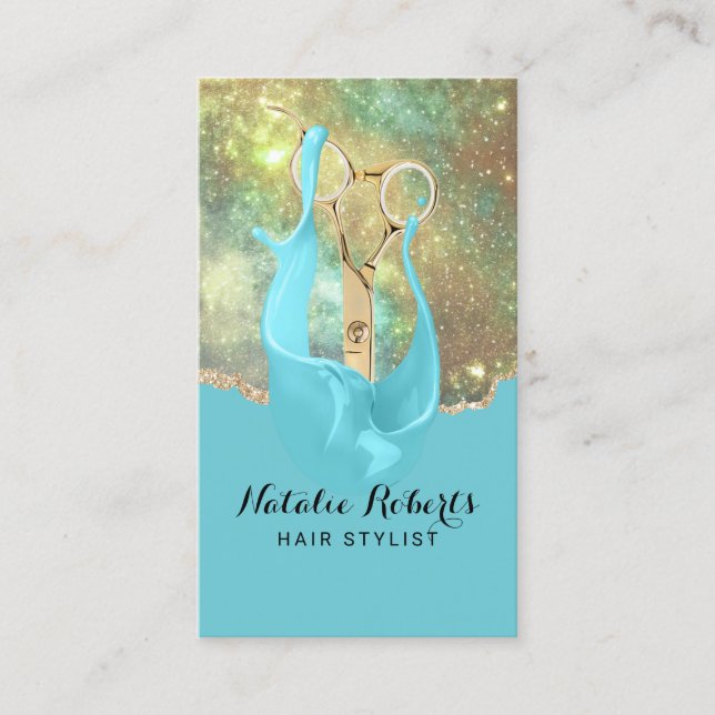 Hair Stylist Trendy Teal Gold Glitter Beauty Salon Business Card (Front)