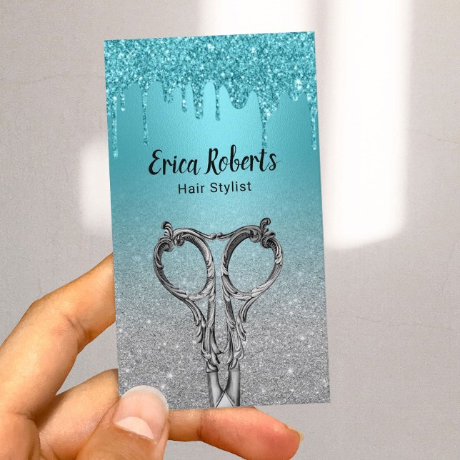 Hair Stylist Turquoise Drips Silver Glitter Salon Business Card (Creator Uploaded)