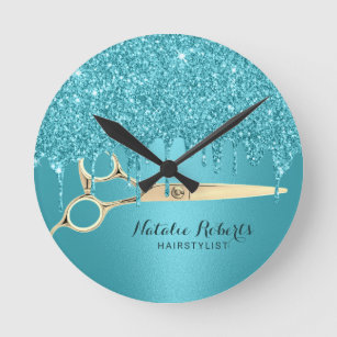Hair Stylist Turquoise Glitter Drips Modern Salon Round Clock