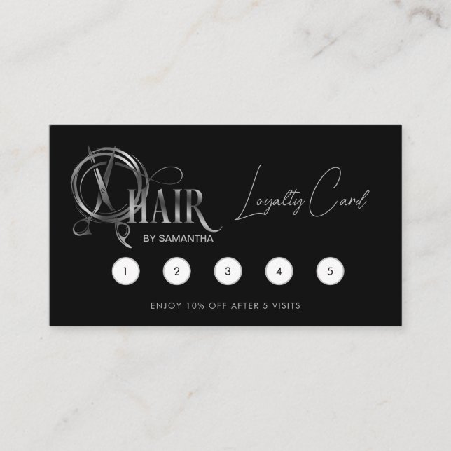 Hair stylist typography hair scissors Loyalty Business Card (Front)